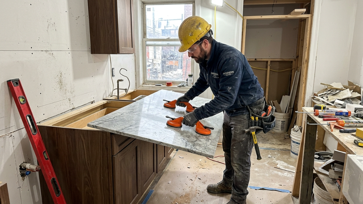 quartz countertops in modern rental kitchen
