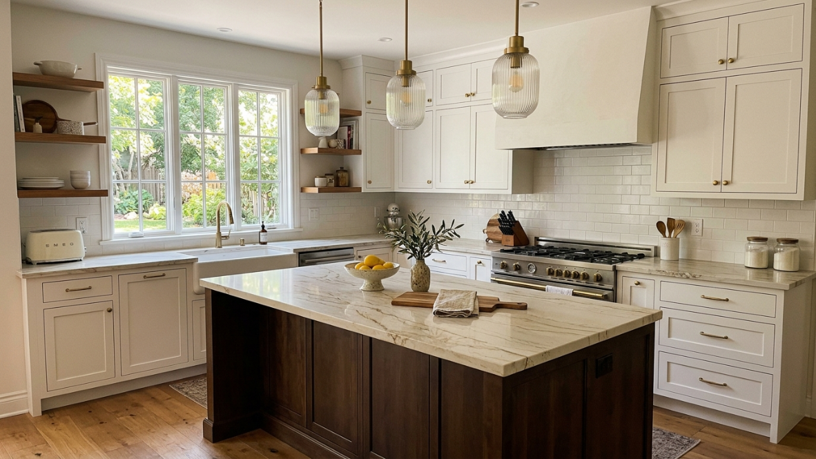 gold veined Taj Mahal inspired quartz with white cabinets