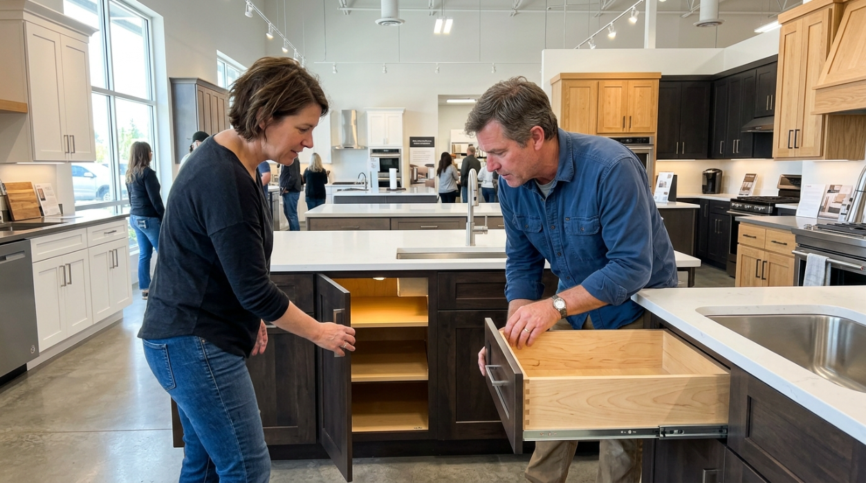 evaluating quality kitchen cabinets at showroom